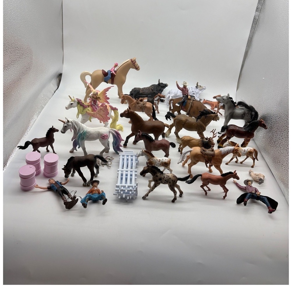 Mixed Toy Horse Bull Unicorn Lot Schleich Breyer Style Figures Cowboy Fairy 25pc